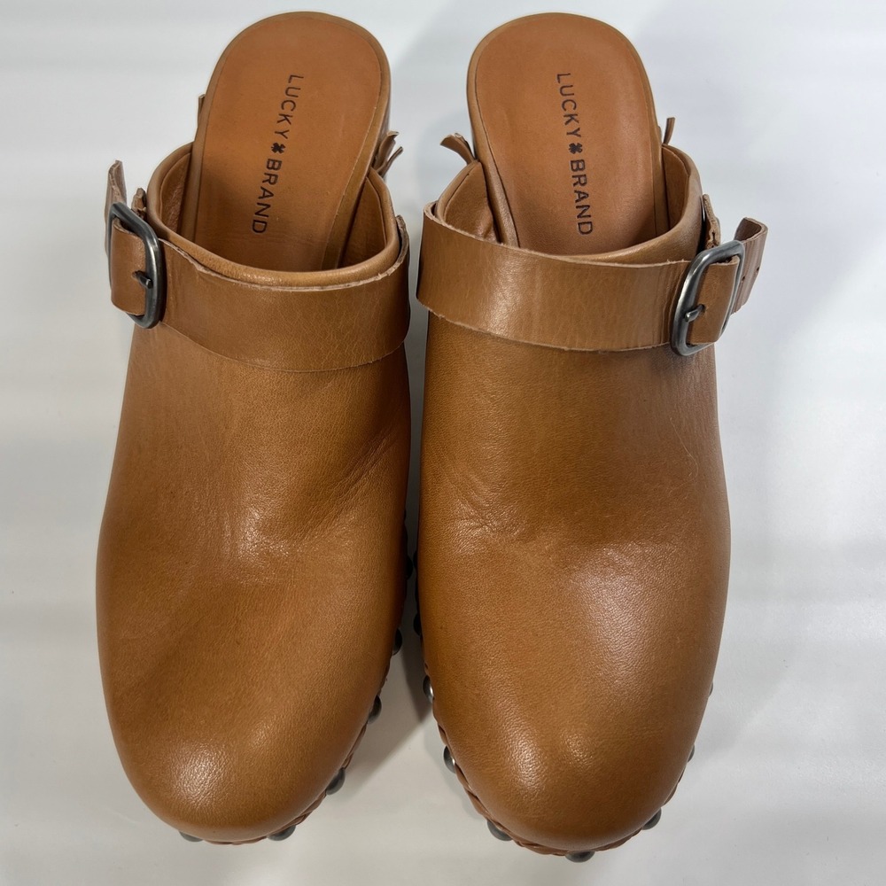 Lucky Brand Clog Heels Tan Leather Studded Braided Trim Slip-On Mule Sandals 7.5 - Picture 2 of 10